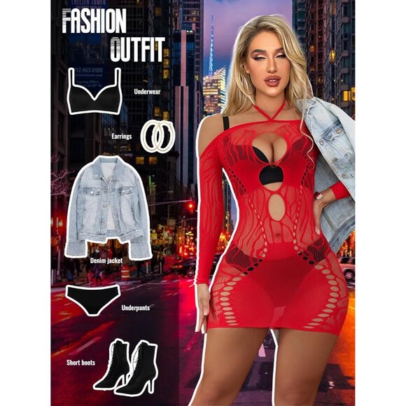 Red Black Women Sexy Halter Bodycon Mesh Midi Dress Lingerie Nightdress Outfit - Picture 5 of 6